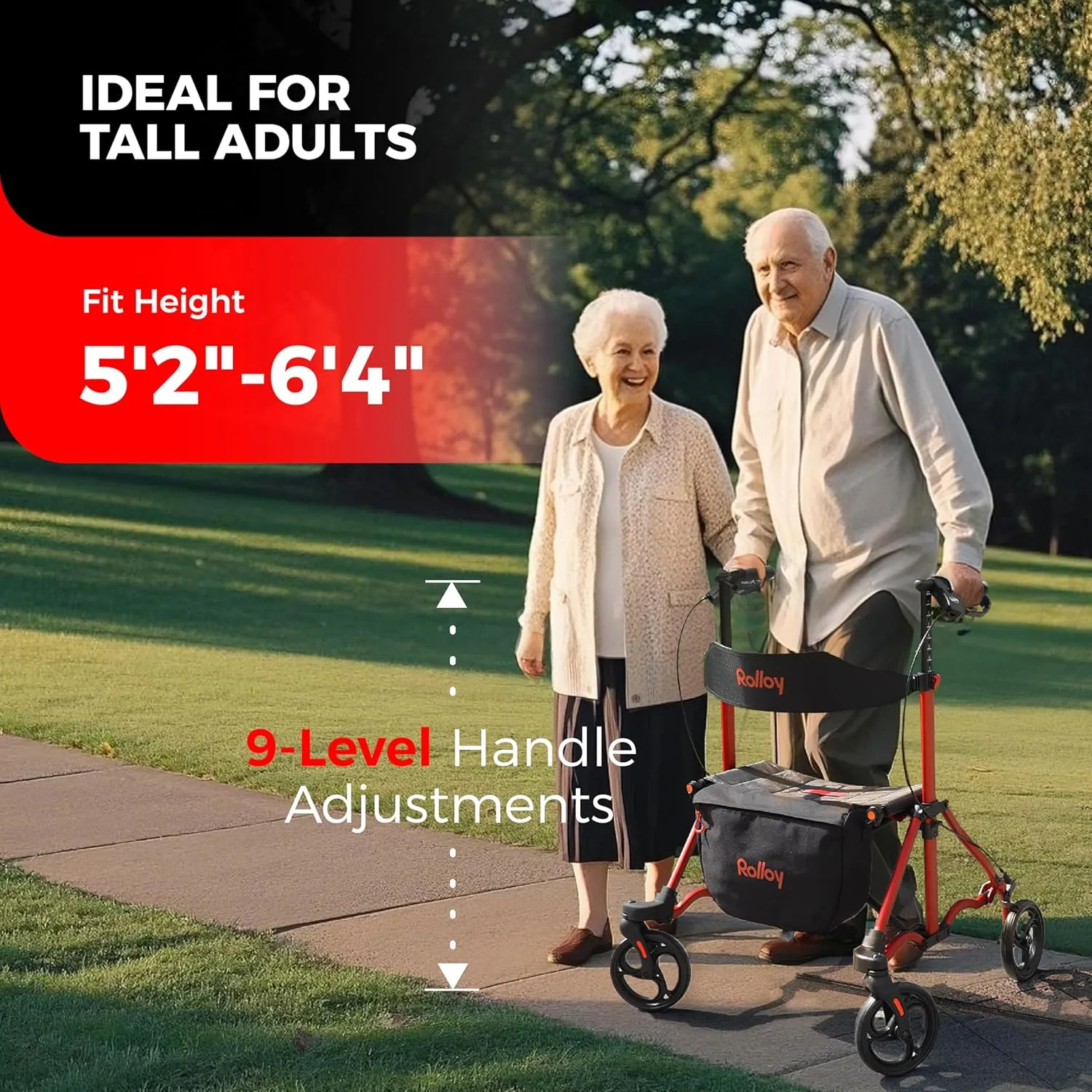 Rollator Walkers for Seniors with Seat, Aluminum Ultra-Compact Travel Rolling Walker, 350lbs Capacity, 20" Extra-Wide Seat, Heavy-Duty, Easy Folding, Height Adjustable for Tall over 6ft, 8" Big Wheels