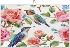 Rose Bird Watercolor Golf Towel with Heavy Duty Carabiner Ultra Absorbent Quick Dry Perfect for Cleaning Clubs Balls Gear Essential Golf Accessory for Men Women Kids