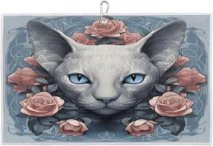 Rose Flower Cat Golf Towel with Heavy Duty Carabiner Clip Quick Dry Ultra Absorbent Club Ball Cleaning Towel Golf Accessories for Men Women