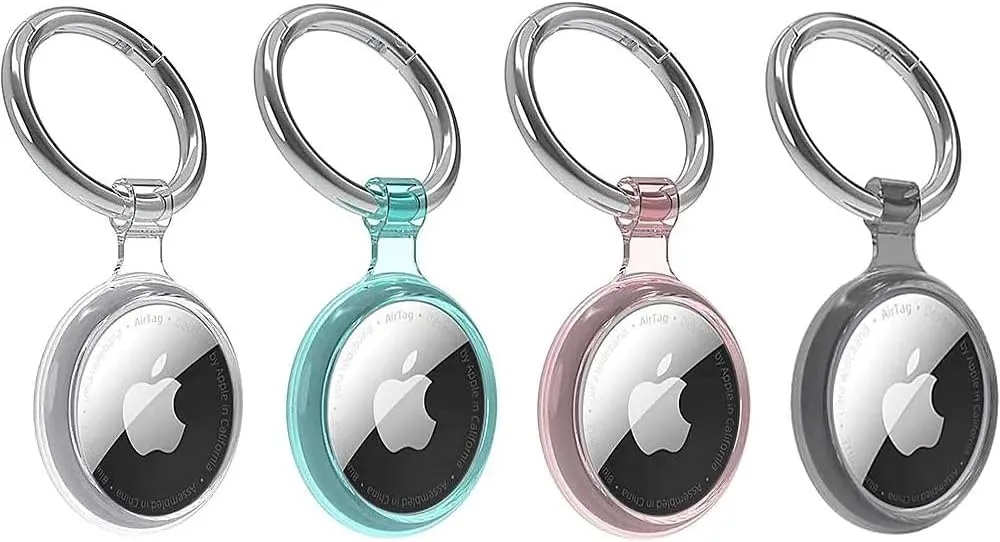 SaharaCase Hybrid Flex Case for AirTag (4-Pack) with Carabiner Clip [Shockproof Bumper] Rugged Protection Antislip Grip - Clear/Black/Teal/Pink