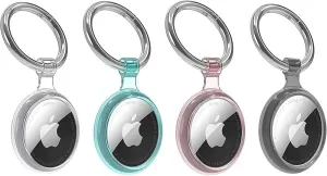 SaharaCase Hybrid Flex Case for AirTag (4-Pack) with Carabiner Clip [Shockproof Bumper] Rugged Protection Antislip Grip - Clear/Black/Teal/Pink