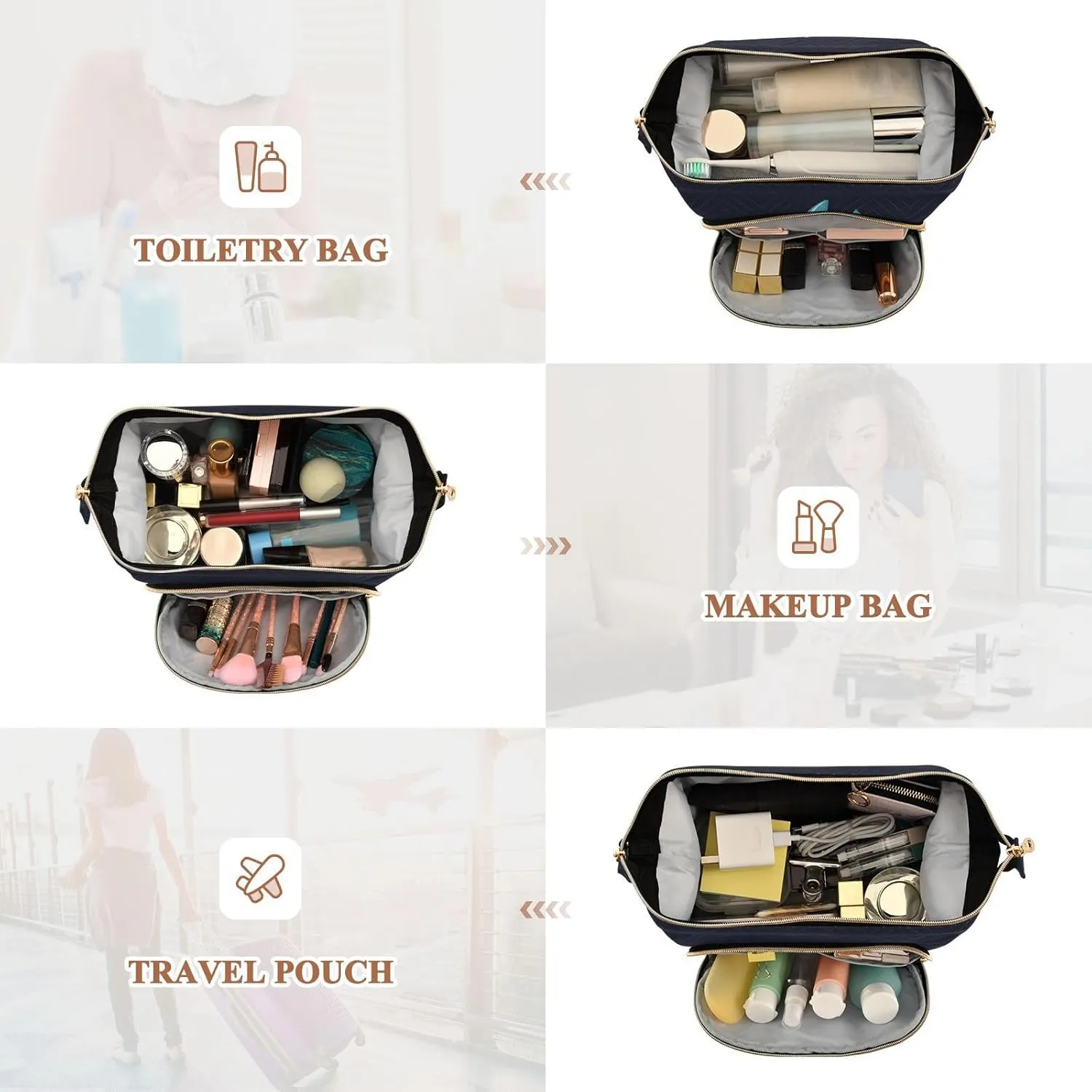 Seamless Cartoon Ocean Blue Comic Sharks Fishes on Dark Women Cosmetic Bag Makeup Bag Stylish Trip Beauty Bag Travel Toiletry Bag with Bottle Organizer 10.2 x 5.9 x 6.7 inch