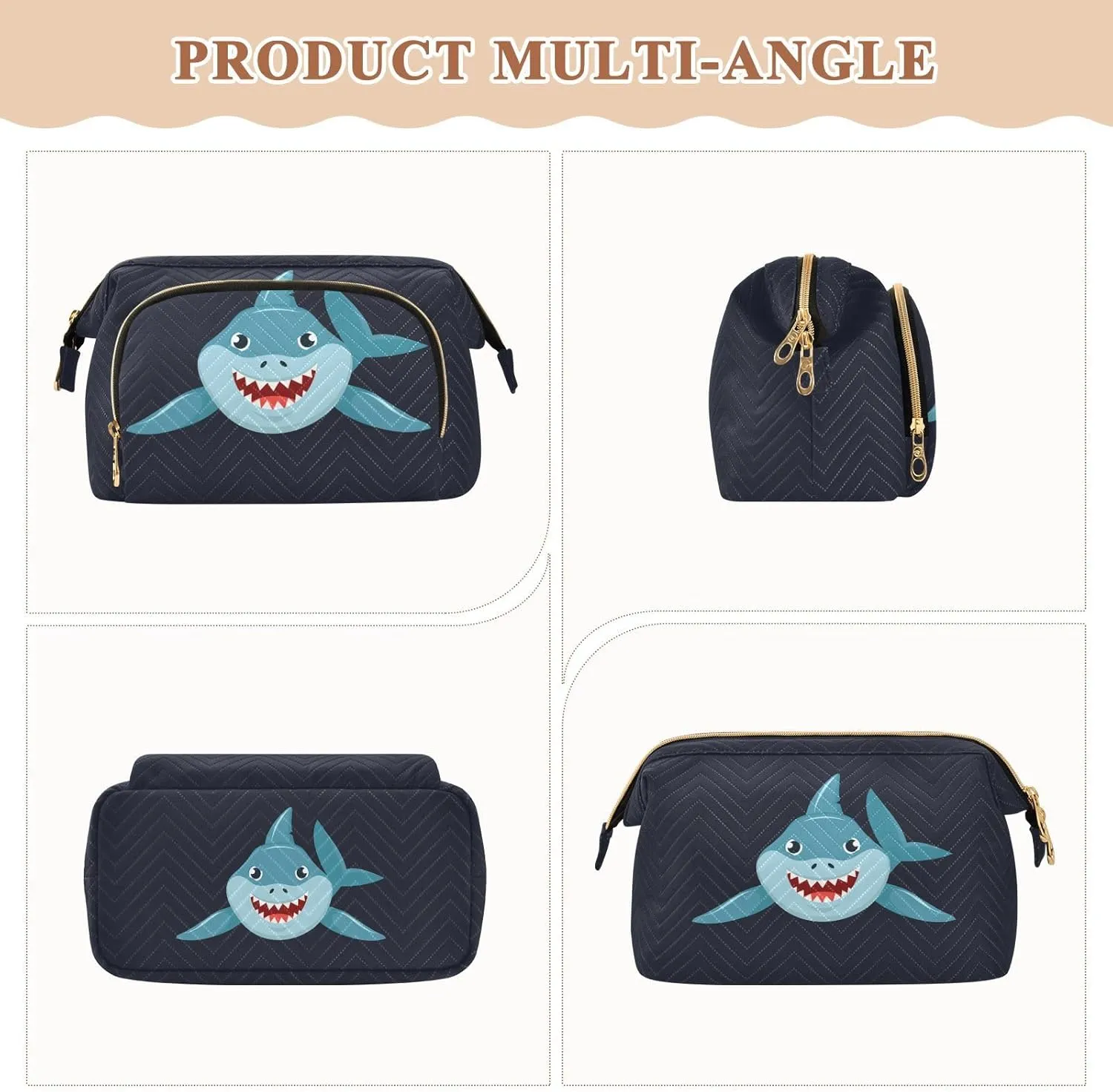 Seamless Cartoon Ocean Blue Comic Sharks Fishes on Dark Women Cosmetic Bag Makeup Bag Stylish Trip Beauty Bag Travel Toiletry Bag with Bottle Organizer 10.2 x 5.9 x 6.7 inch