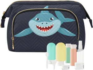 Seamless Cartoon Ocean Blue Comic Sharks Fishes on Dark Women Cosmetic Bag Makeup Bag Stylish Trip Beauty Bag Travel Toiletry Bag with Bottle Organizer 10.2 x 5.9 x 6.7 inch