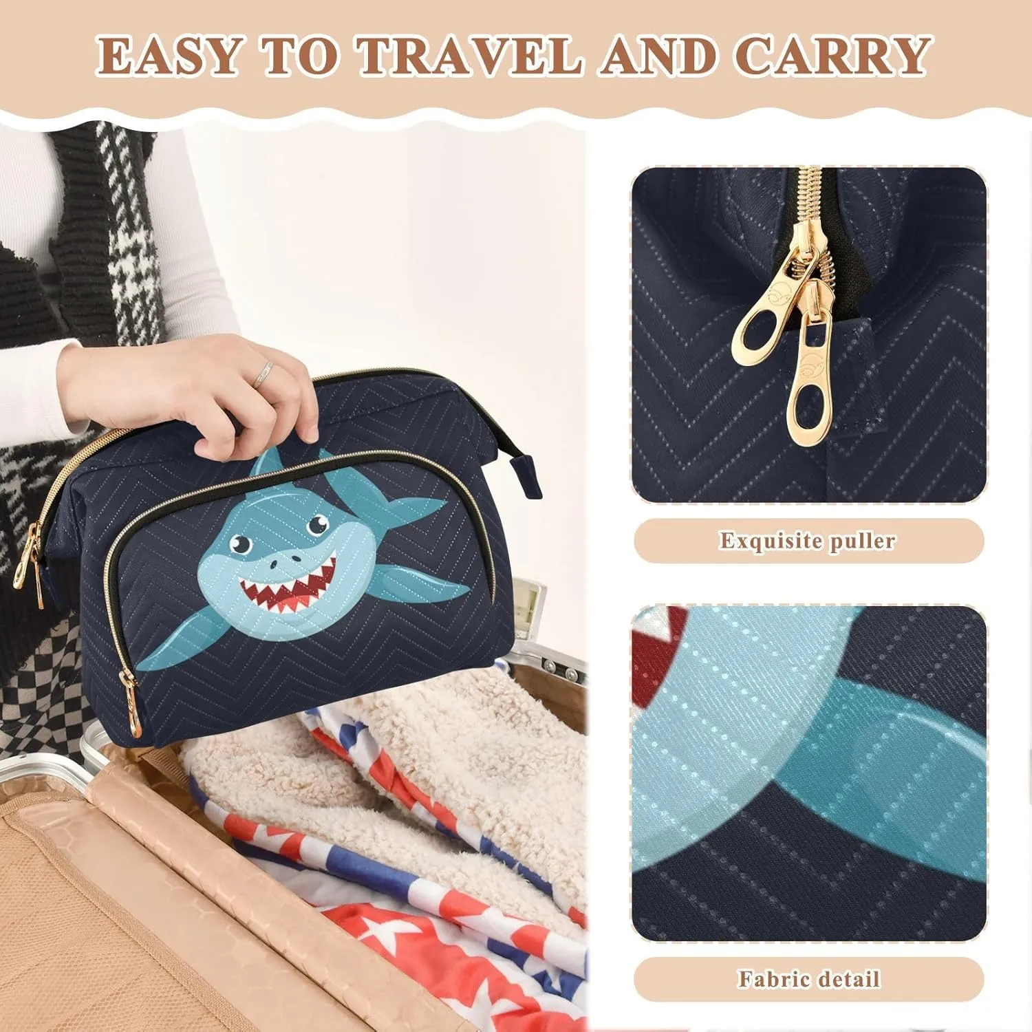 Seamless Cartoon Ocean Blue Comic Sharks Fishes on Dark Women Cosmetic Bag Makeup Bag Stylish Trip Beauty Bag Travel Toiletry Bag with Bottle Organizer 10.2 x 5.9 x 6.7 inch