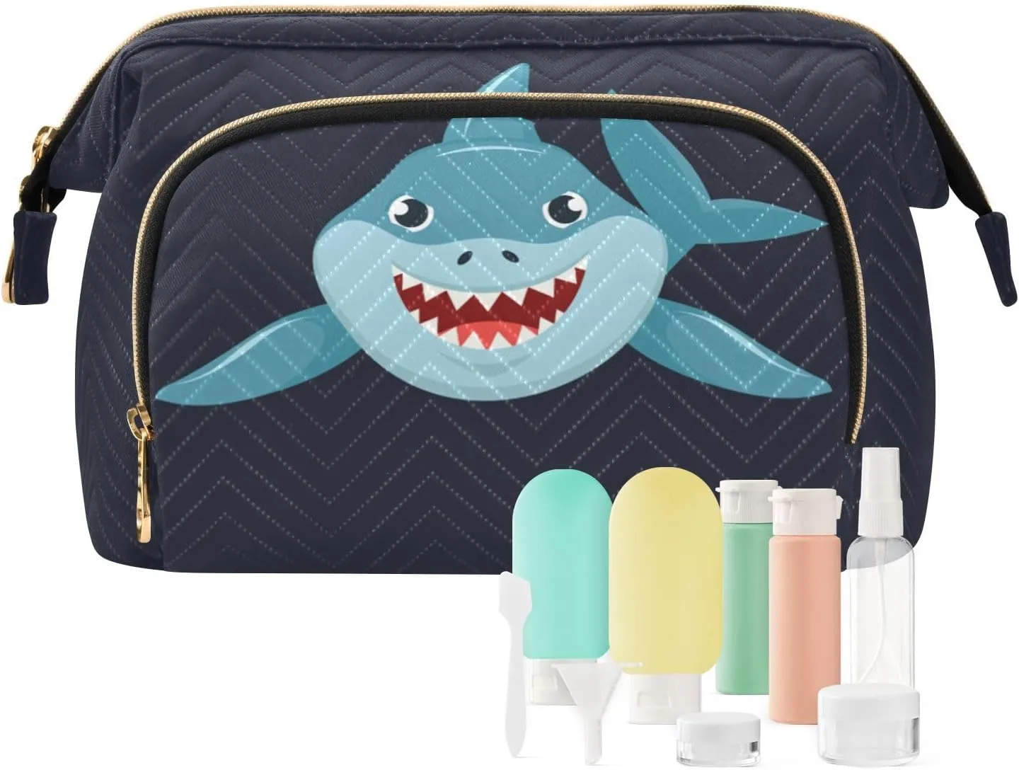 Seamless Cartoon Ocean Blue Comic Sharks Fishes on Dark Women Cosmetic Bag Makeup Bag Stylish Trip Beauty Bag Travel Toiletry Bag with Bottle Organizer 10.2 x 5.9 x 6.7 inch