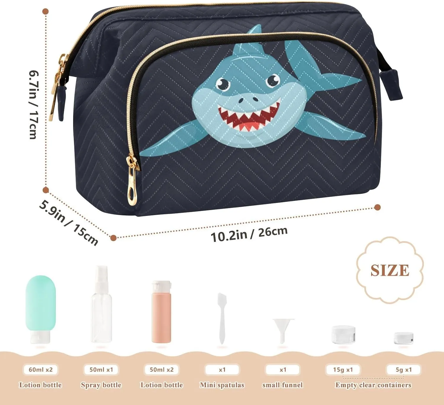 Seamless Cartoon Ocean Blue Comic Sharks Fishes on Dark Women Cosmetic Bag Makeup Bag Stylish Trip Beauty Bag Travel Toiletry Bag with Bottle Organizer 10.2 x 5.9 x 6.7 inch