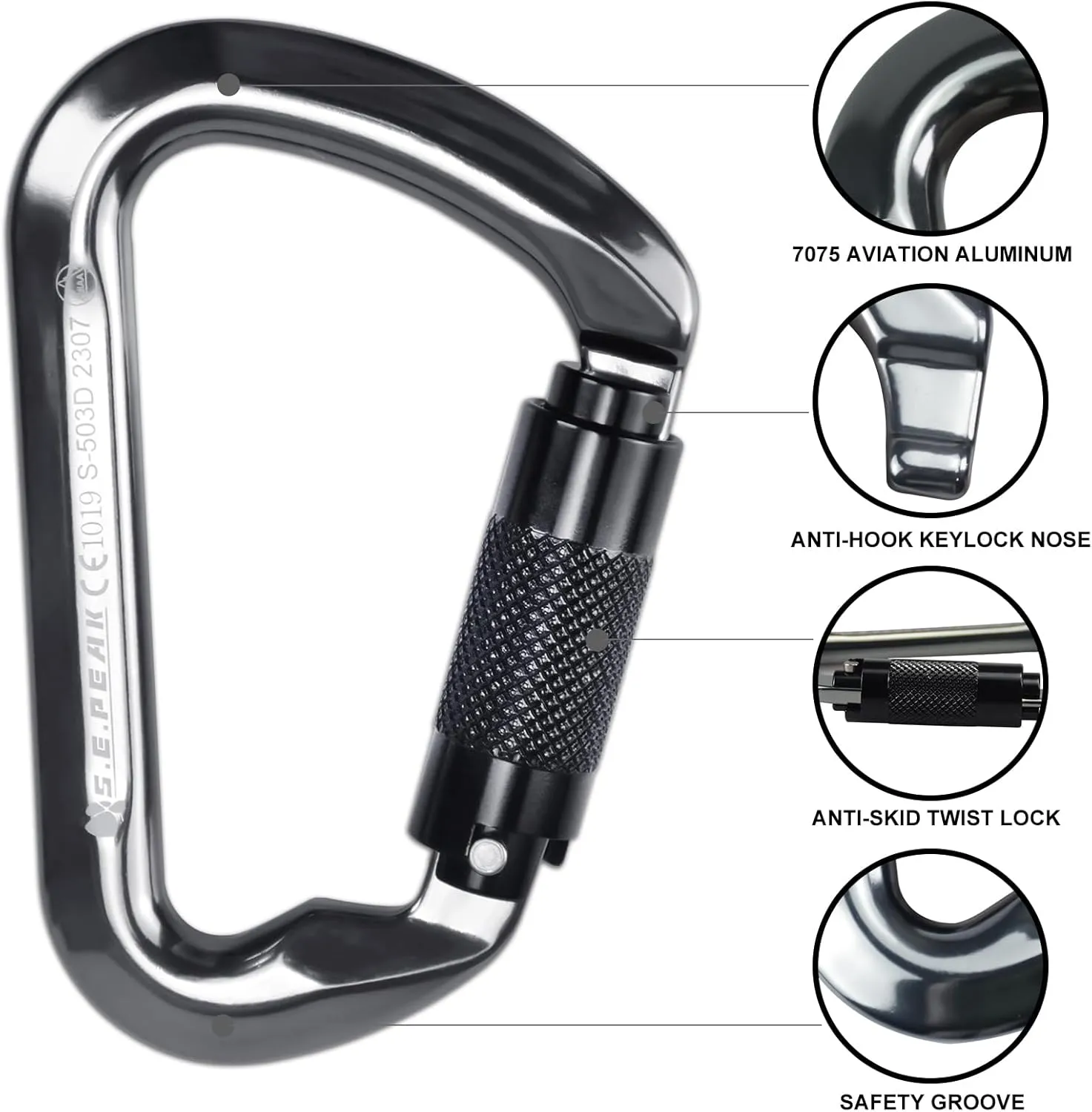 SEPEAK UIAA 30kN Climbing Carabiner Clips, Professional Heavy Duty Twist Locking Carabiners for Climbing,Mountaineering, Rappelling, Camping, Hiking, Swings, Large D Ring Hooks