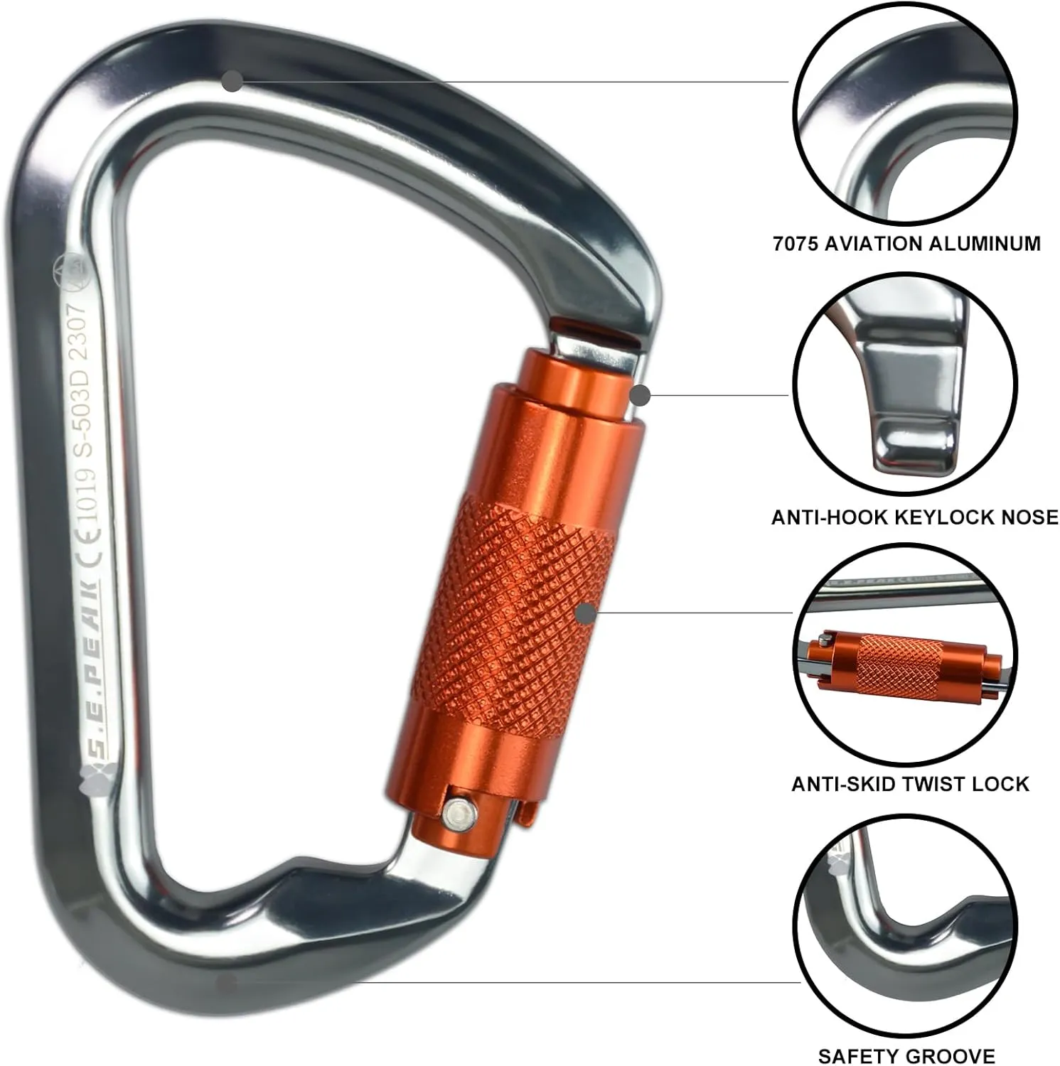SEPEAK UIAA 30kN Climbing Carabiner Clips, Professional Heavy Duty Twist Locking Carabiners for Climbing,Mountaineering, Rappelling, Camping, Hiking, Swings, Large D Ring Hooks