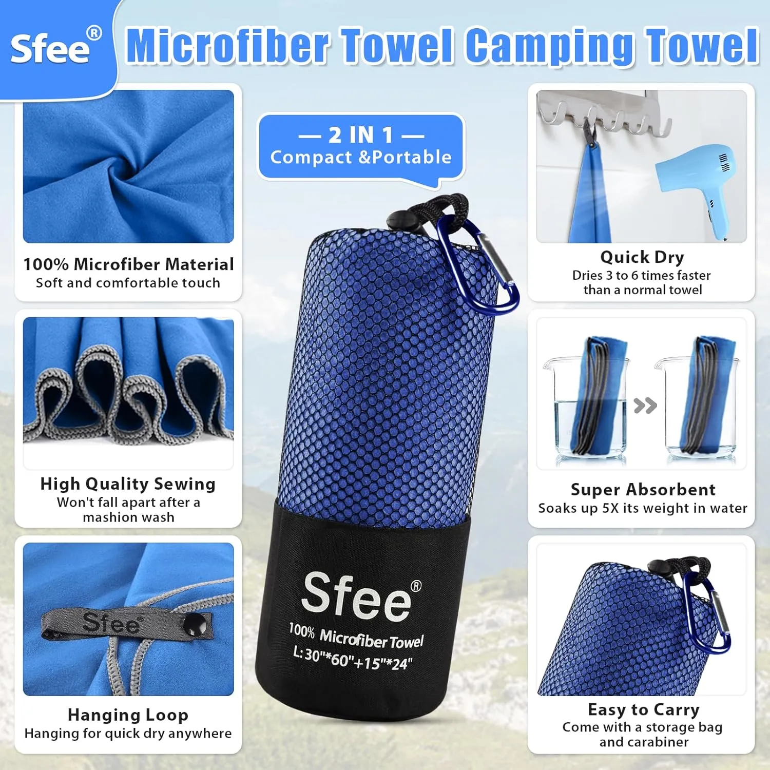Sfee 2 Pack Microfiber Travel Towel, Quick Dry Towel Camping Towel Large Beach Towel Super Absorbent Compact Lightweight Sports Gym Towels for Beach, Gym, Hiking, Pool, Backpacking, Bath, Yoga