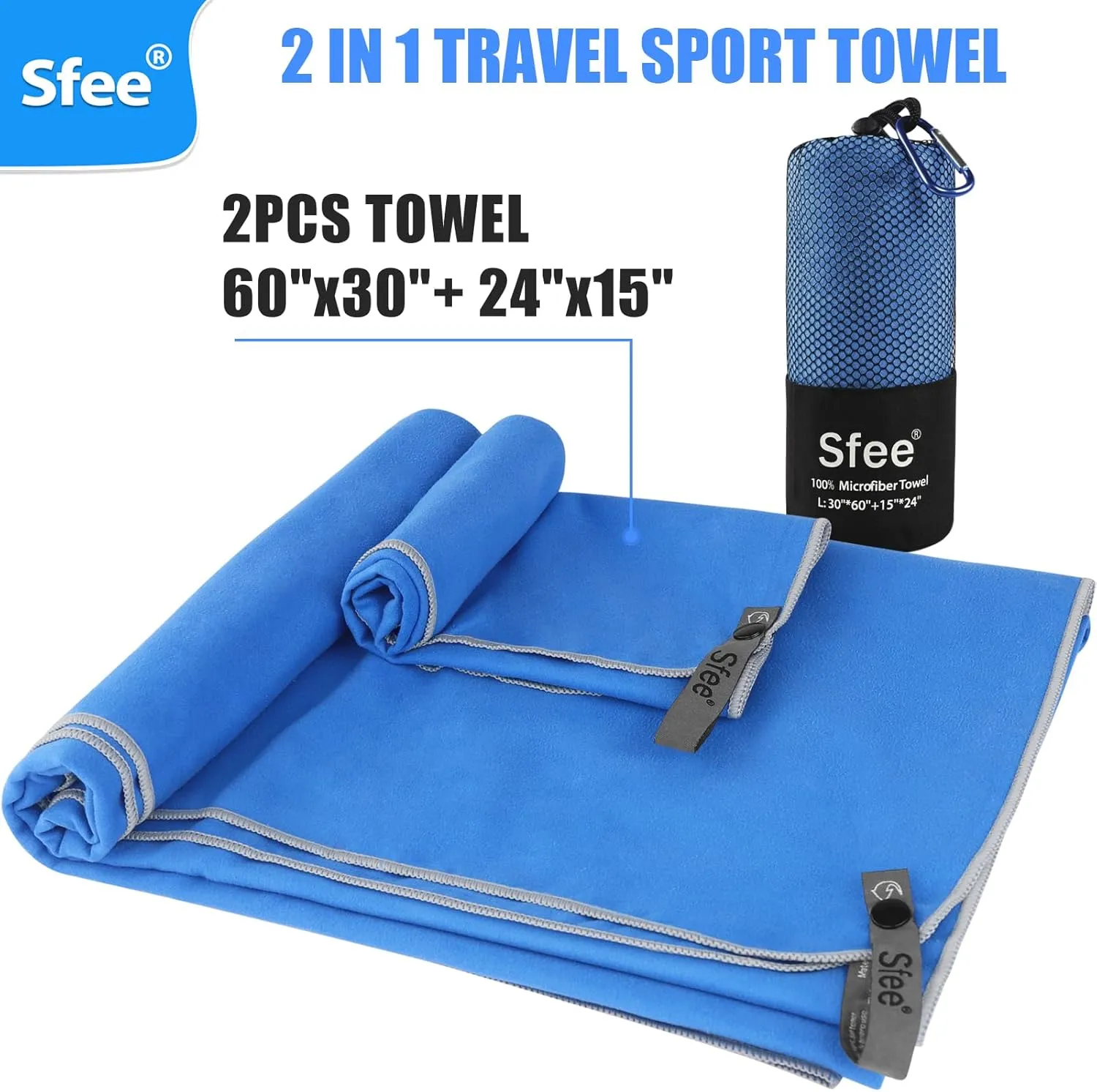 Sfee 2 Pack Microfiber Travel Towel, Quick Dry Towel Camping Towel Large Beach Towel Super Absorbent Compact Lightweight Sports Gym Towels for Beach, Gym, Hiking, Pool, Backpacking, Bath, Yoga