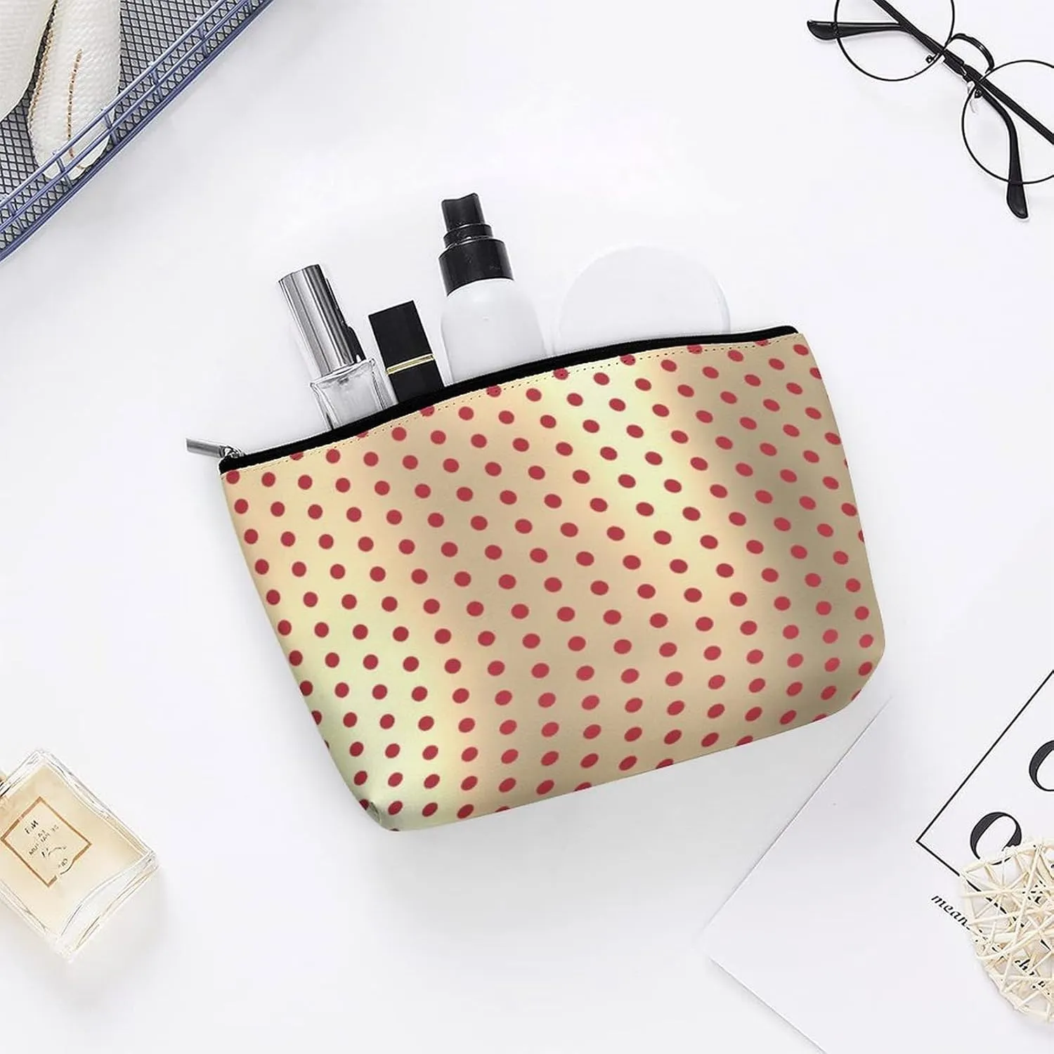 Small Cosmetic Bag, Classic Elegant Gold Red Polka Dots Makeup Bags Elegant Roomy Pouch for Women,Travel Toiletry Accessories Organizer
