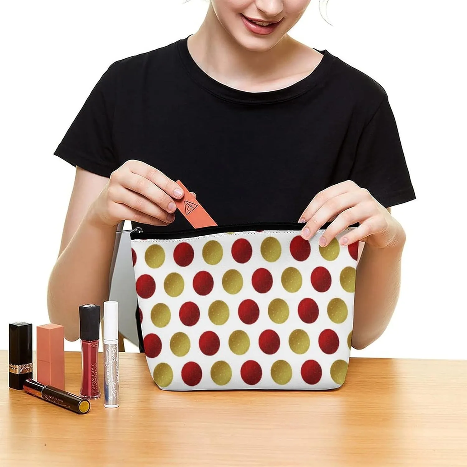 Small Cosmetic Bag, Red Gold Sparkly Polka Dots Makeup Bags Elegant Roomy Pouch for Women,Travel Toiletry Accessories Organizer