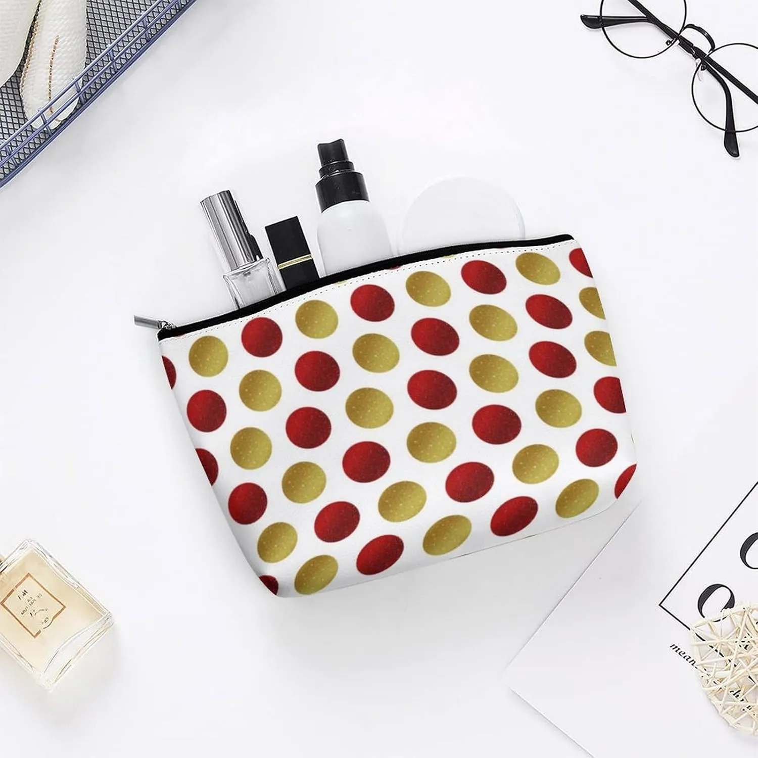 Small Cosmetic Bag, Red Gold Sparkly Polka Dots Makeup Bags Elegant Roomy Pouch for Women,Travel Toiletry Accessories Organizer