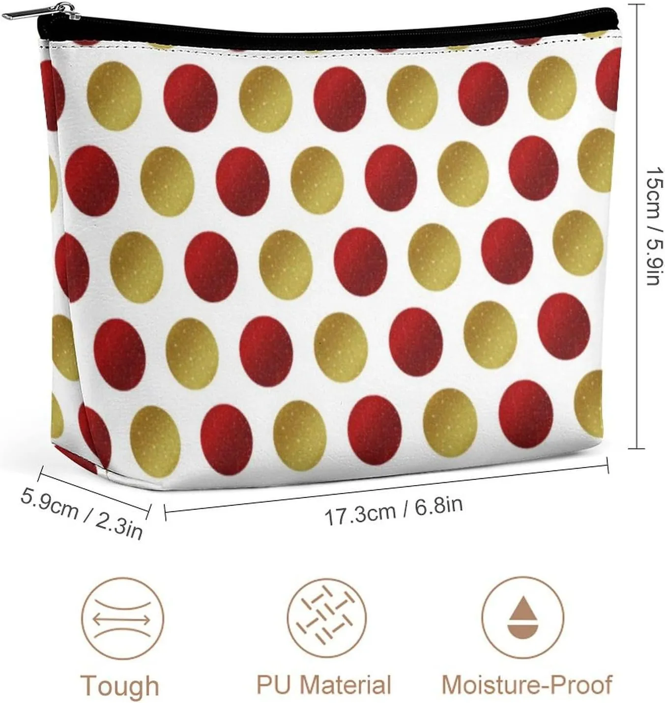 Small Cosmetic Bag, Red Gold Sparkly Polka Dots Makeup Bags Elegant Roomy Pouch for Women,Travel Toiletry Accessories Organizer