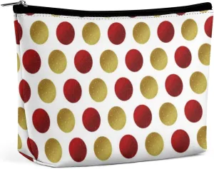 Small Cosmetic Bag, Red Gold Sparkly Polka Dots Makeup Bags Elegant Roomy Pouch for Women,Travel Toiletry Accessories Organizer