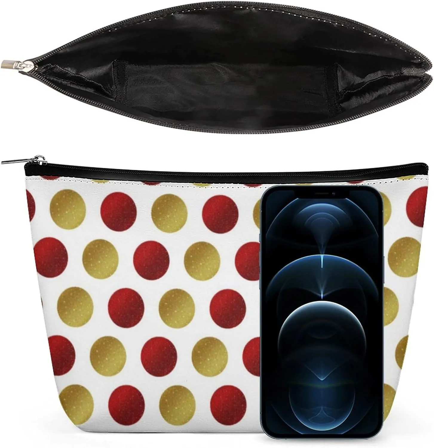 Small Cosmetic Bag, Red Gold Sparkly Polka Dots Makeup Bags Elegant Roomy Pouch for Women,Travel Toiletry Accessories Organizer