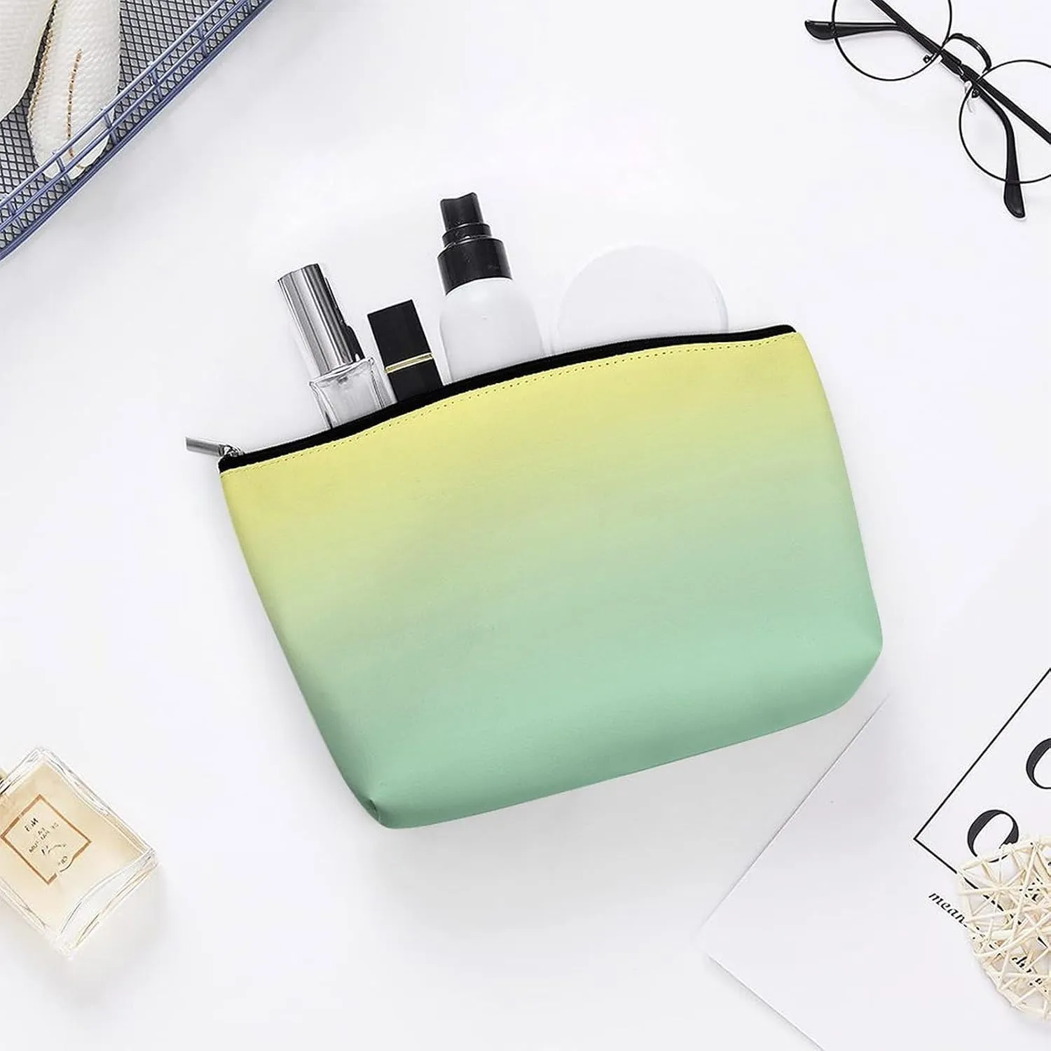 Small Cosmetic Bag, White Pale Yellow and Mint Green Ombre Makeup Bags Elegant Roomy Pouch for Women,Travel Toiletry Accessories Organizer