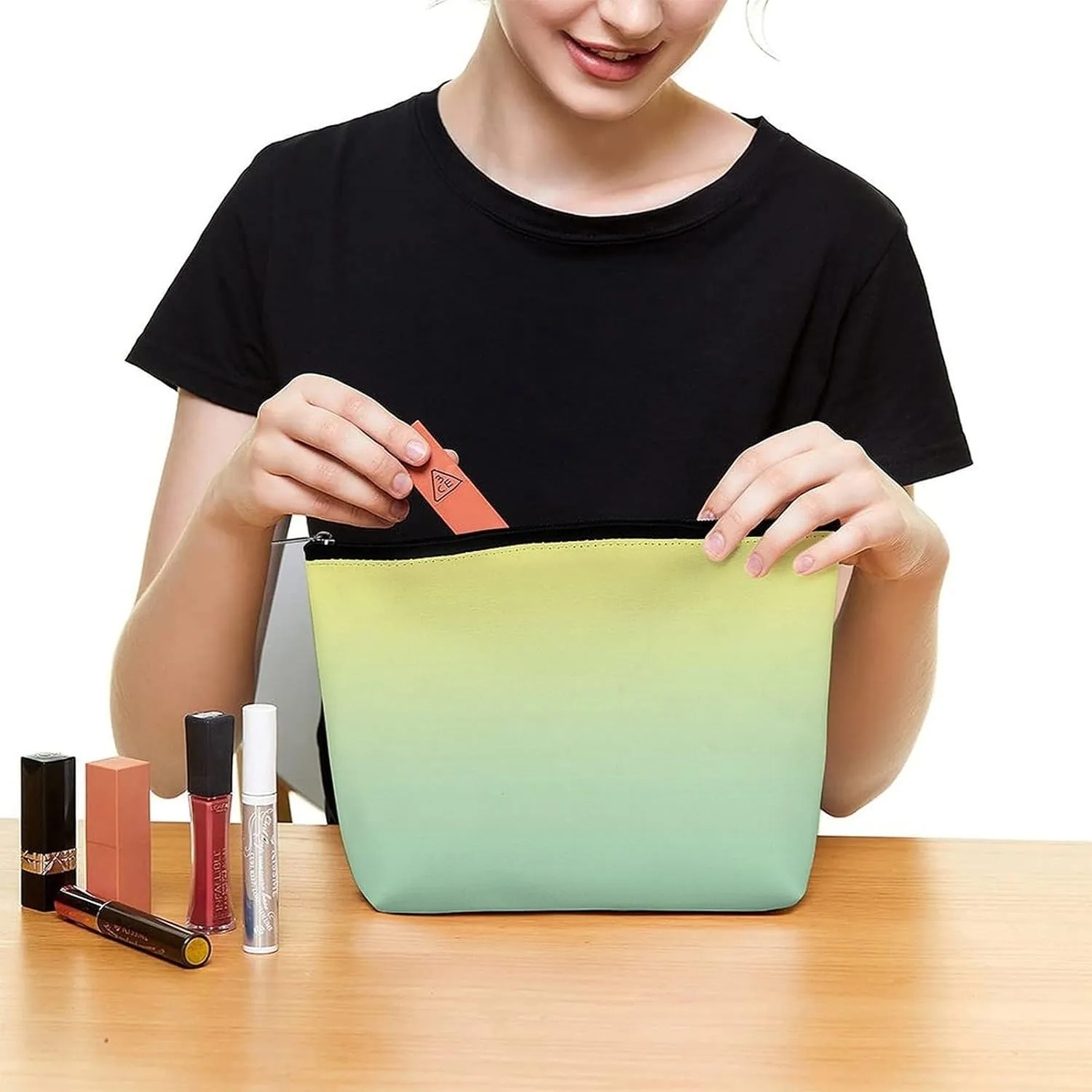Small Cosmetic Bag, White Pale Yellow and Mint Green Ombre Makeup Bags Elegant Roomy Pouch for Women,Travel Toiletry Accessories Organizer