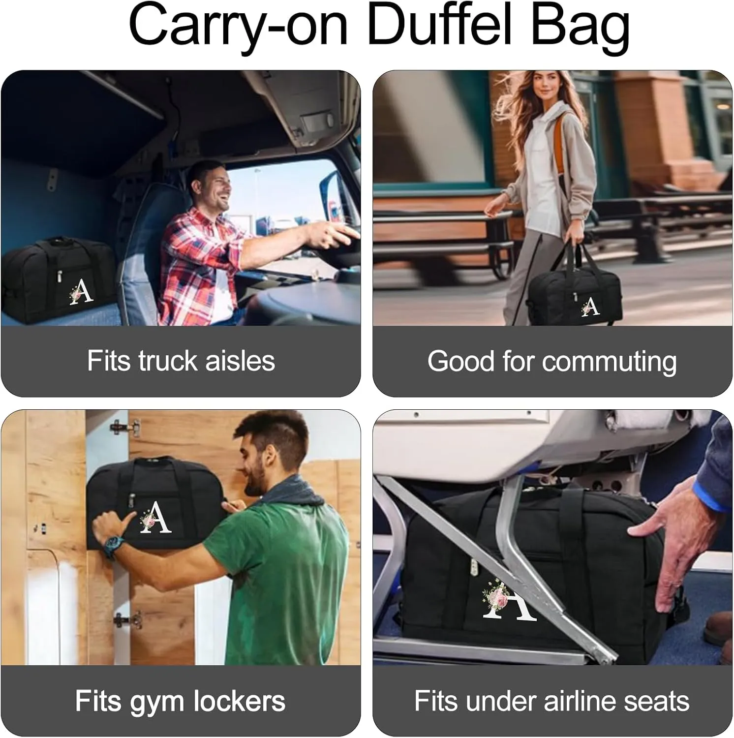 Small Gym Bag for Women Letter Style Small Duffle Bag for Travel Sport Carry on Bag-Black(Letter E)