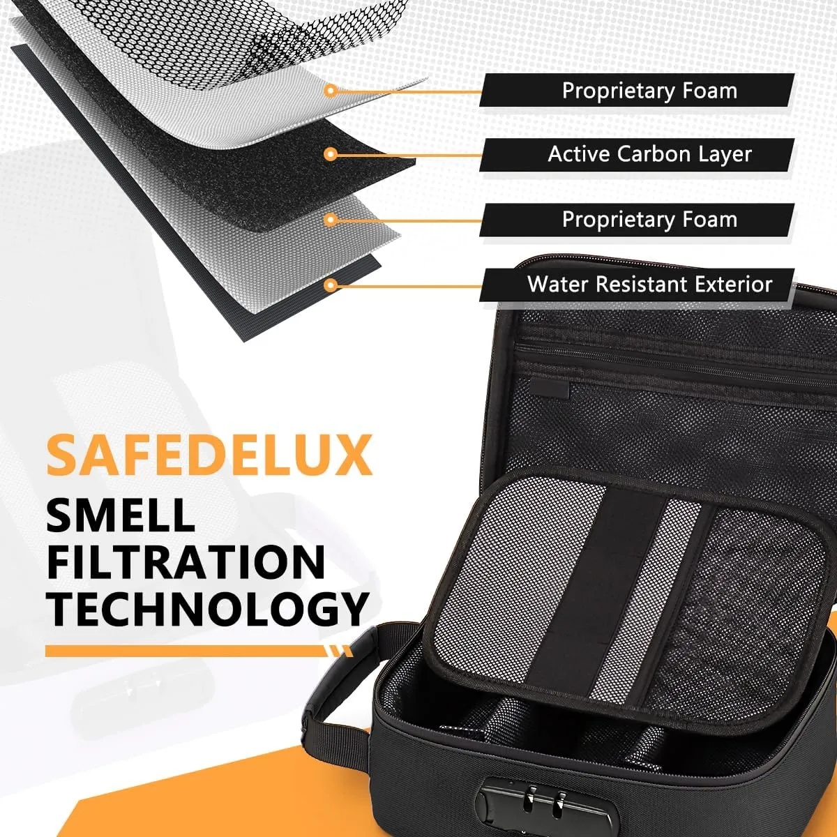 Smell Proof Bag with Combination Lock, Airtight Zippers Carbon Lining & Removable Dividers, Odor Proof Container for Smoking Accessories, Odorless Travel Box Blocks Out Strong Odors