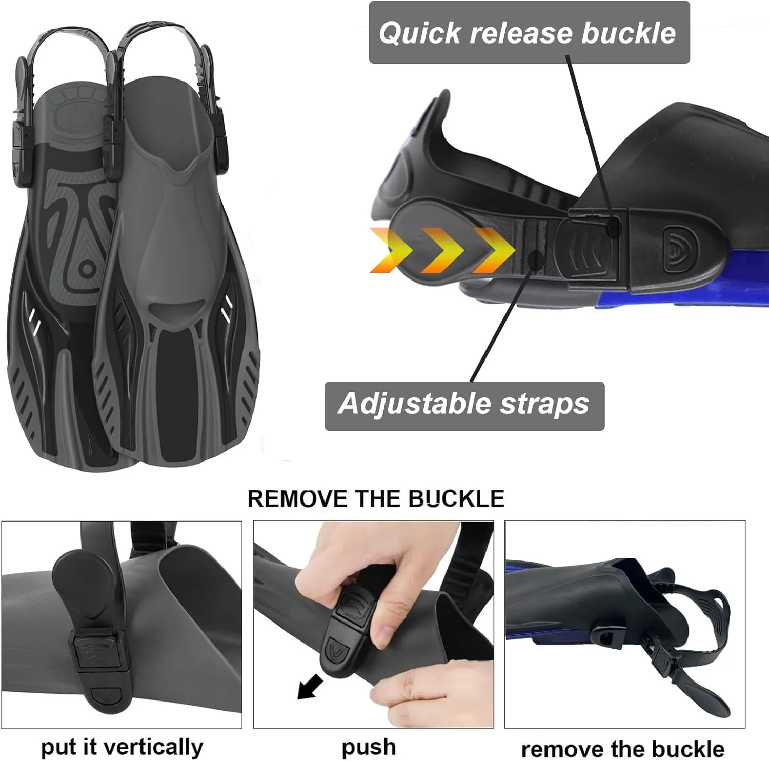 Snorkel Fins Diving Fins Adjustable Buckles Open Heel Swim Flippers Travel Size Short Swim Fins for Snorkeling Diving Swimming Adult Men Womens