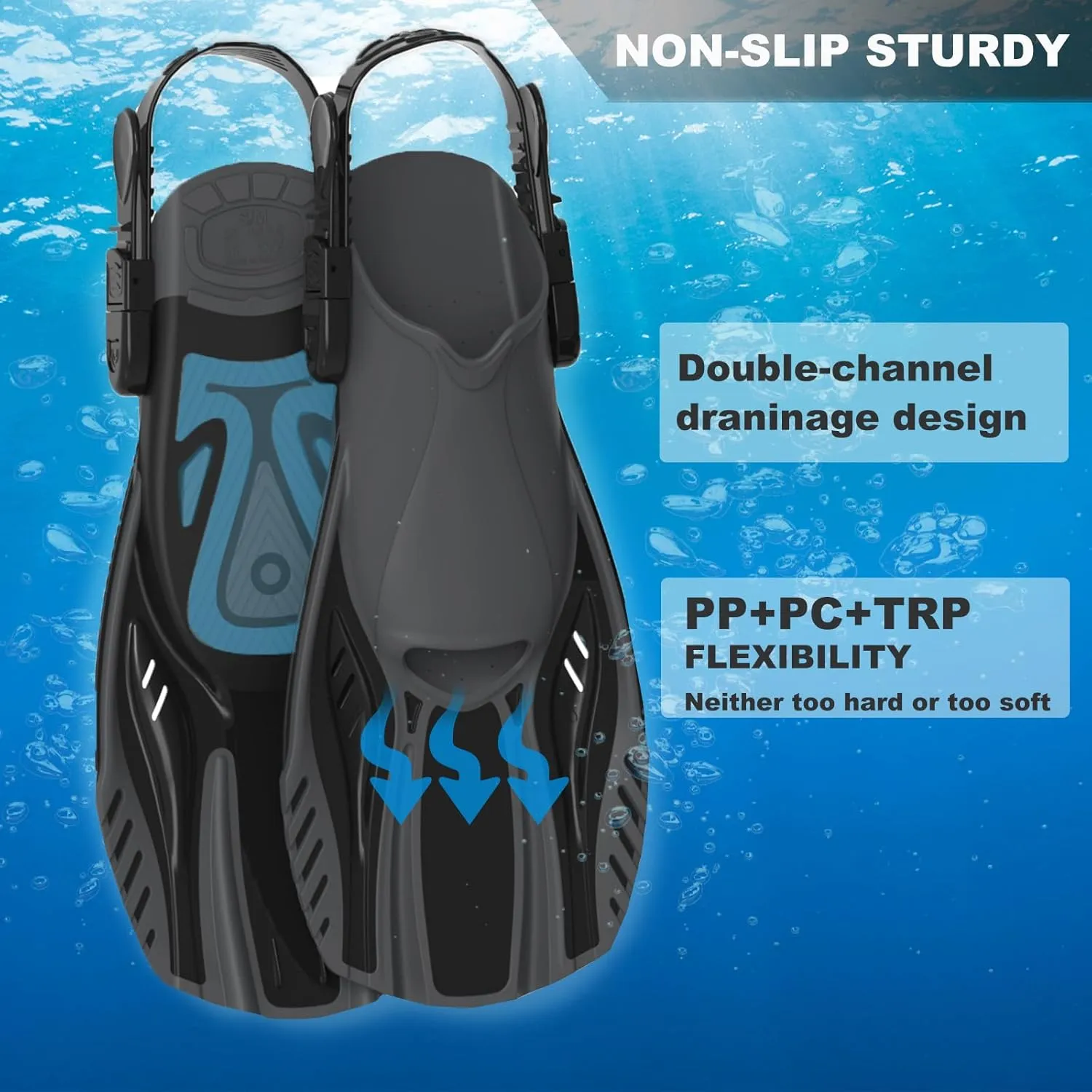 Snorkel Fins Diving Fins Adjustable Buckles Open Heel Swim Flippers Travel Size Short Swim Fins for Snorkeling Diving Swimming Adult Men Womens