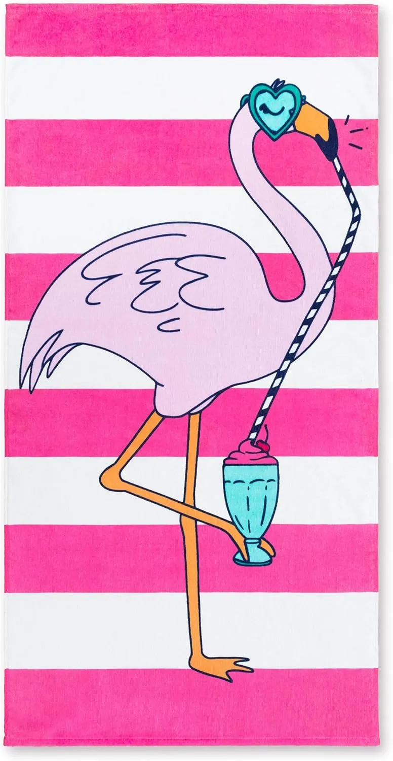 Softerry Flamingo Stripes Beach Towel 28 x 55 inches 100% Cotton (28" x 55", Flamingo Stripes)