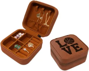 Speedy Pros Engraved Leather Jewelry Box Love Basketball Decal Travel Earring Case for Women Caramel