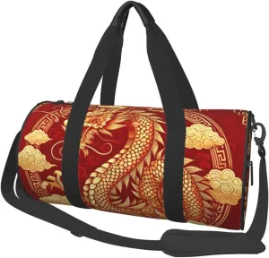 Sports Duffel Bag Asian-Dragon-Fire-Golden Foldable Travel Tote Bag Weekender Sleepover Carry On Bag