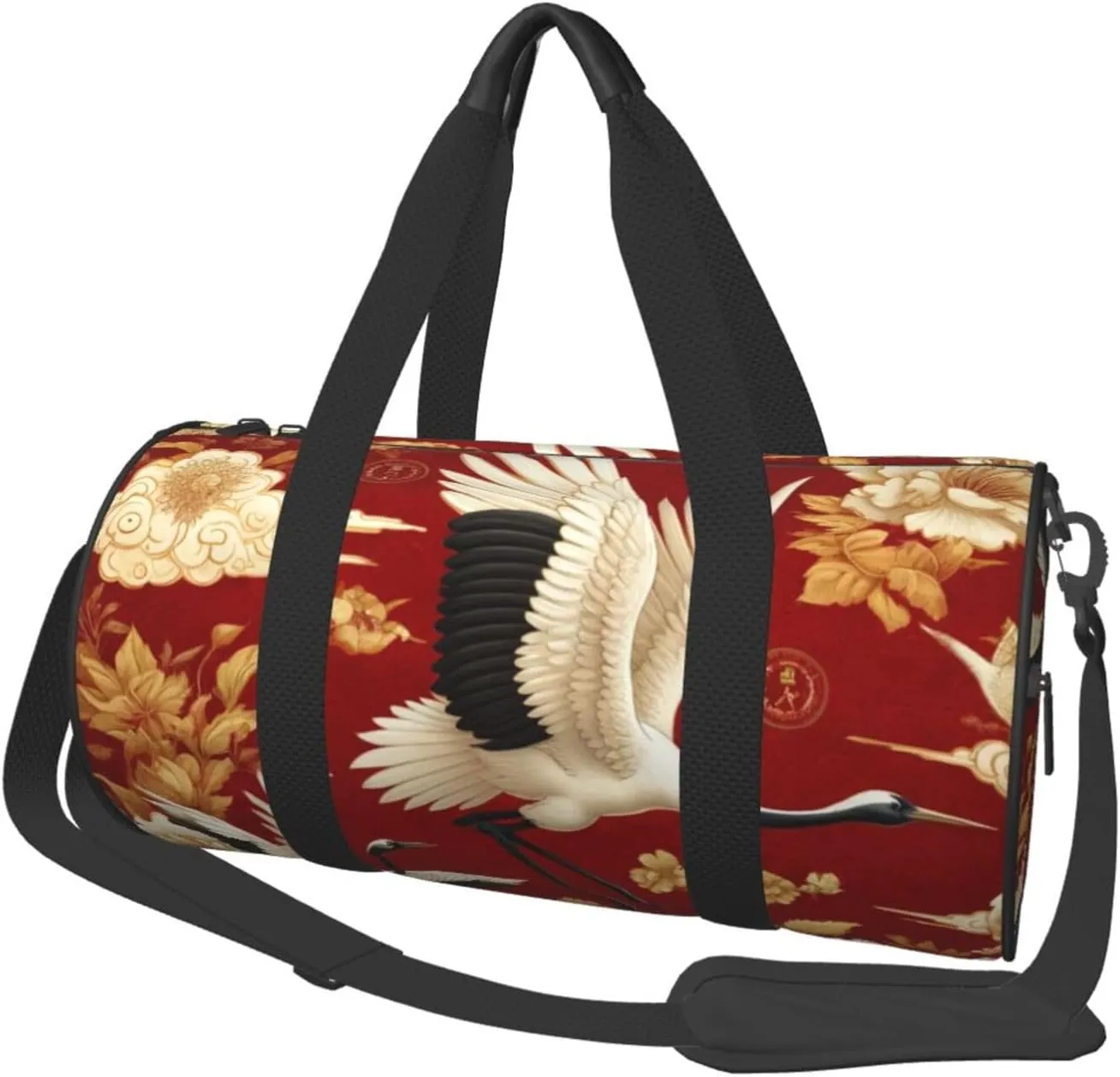 Sports Duffel Bag Chinese-Prosperity-Cranes-Peonies Foldable Travel Tote Bag Weekender Sleepover Carry On Bag