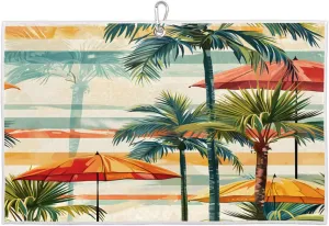 Striped Watercolor Coconut Umbrella Golf Towel with Heavy Duty Carabiner Ultra Absorbent Quick Dry Perfect for Cleaning Clubs Balls Gear Essential Golf Accessory for Men Women Kids