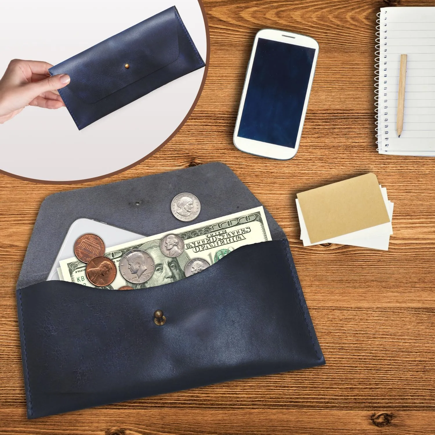 Succor Genuine Leather Cash Envelopes Wallet For Men | Money Bag Pouch | Reusable Budget Envelope | Retro Clutch Wallet | Leather Money Envelope For Men and Women, Blue