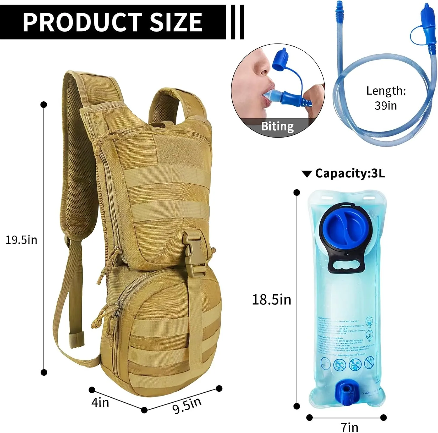 SUNRISING Tactical Molle Hydration Backpack with 3L Water Bladder - Lightweight Military Water Backpack for Hiking, Running, Cycling