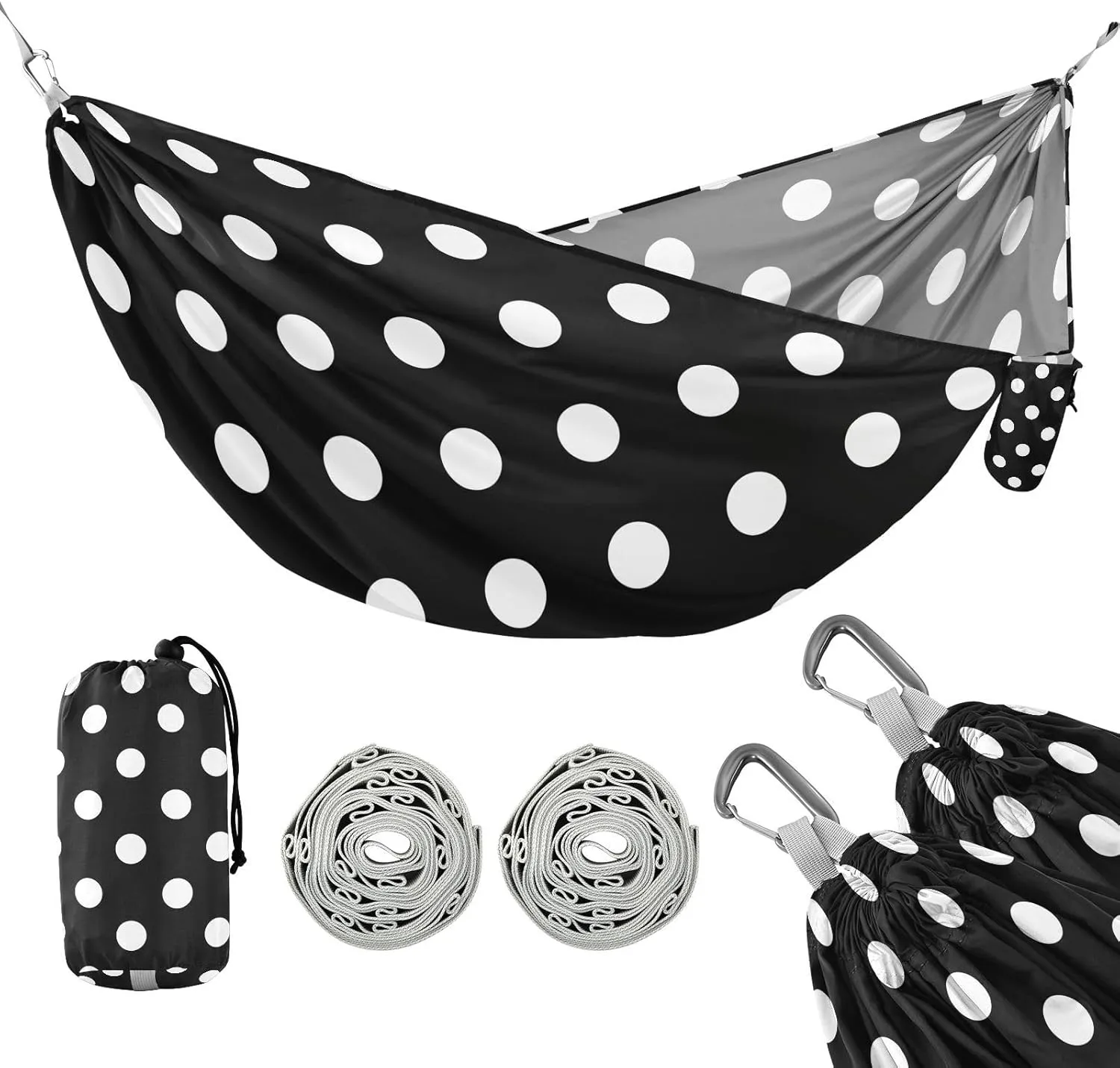 susiyo Black and White Polka Dot Printed Portable Camping Hammock Lightweight Hammock Comfortable Travel Swing with Tree Straps for Camping Hiking Backpacking Travel or Beach - Up to 330lbs