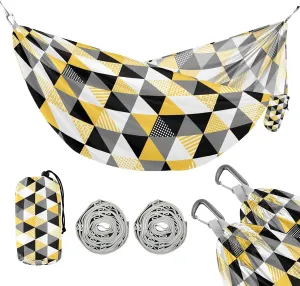 susiyo Portable Camping Hammock Black Yellow Geometric Printed Lightweight Hammock Comfortable Travel Swing with Tree Straps for Camping Hiking Backpacking Travel or Beach - Up to 330lbs