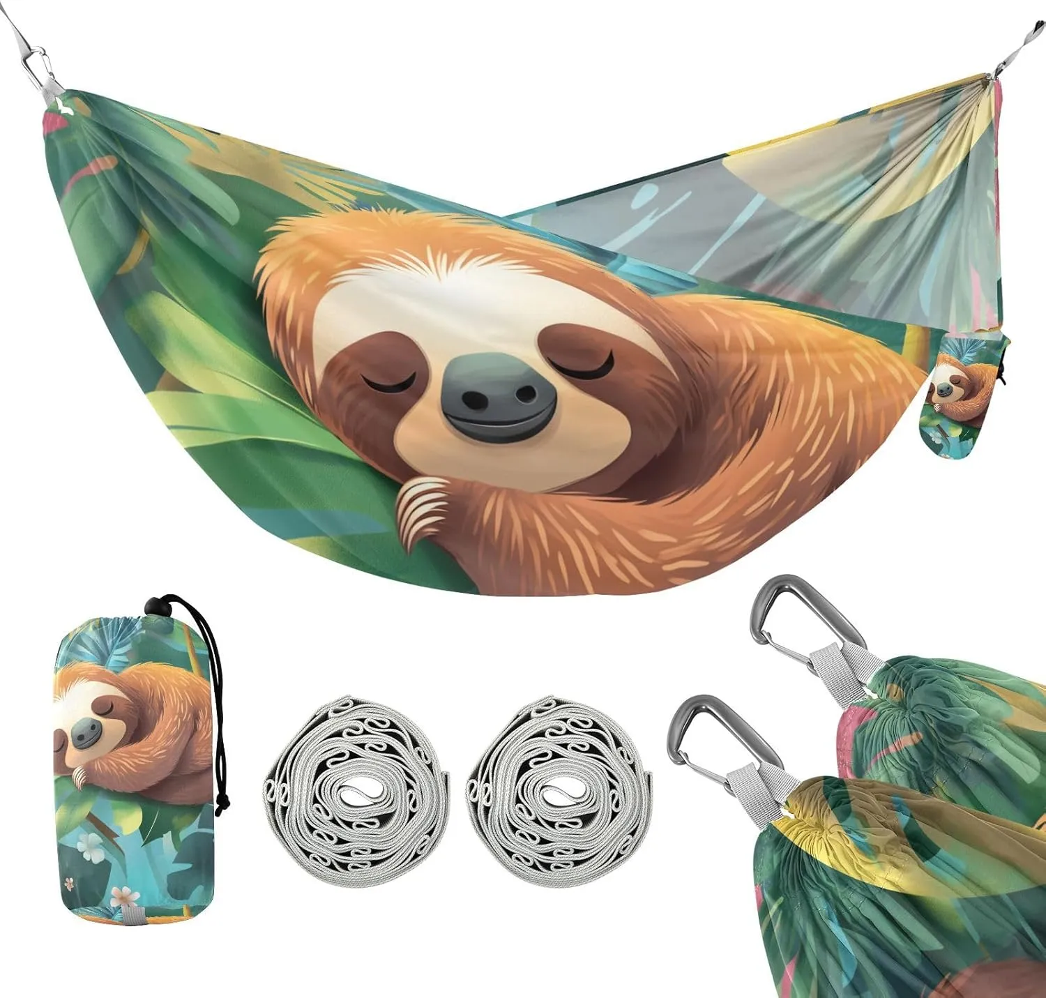 susiyo Portable Camping Hammock Cartoon Sloth Sleeping Printed Lightweight Hammock Comfortable Travel Swing with Tree Straps for Camping Hiking Backpacking Travel or Beach - Up to 330lbs