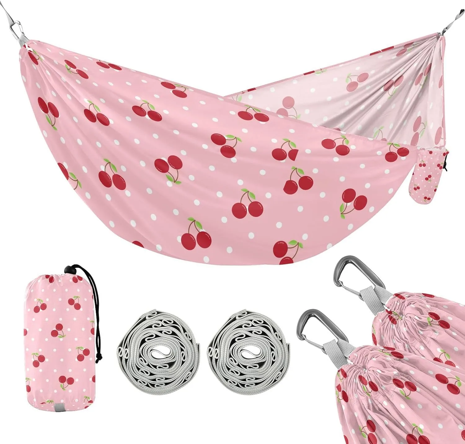 susiyo Portable Camping Hammock Cute Red Cherry Printed Lightweight Hammock Comfortable Travel Swing with Tree Straps for Camping Hiking Backpacking Travel or Beach - Up to 330lbs
