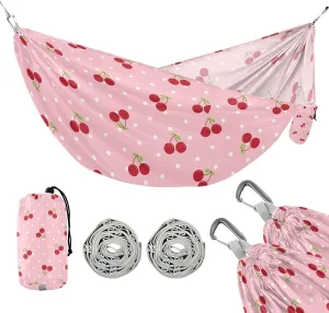 susiyo Portable Camping Hammock Cute Red Cherry Printed Lightweight Hammock Comfortable Travel Swing with Tree Straps for Camping Hiking Backpacking Travel or Beach - Up to 330lbs