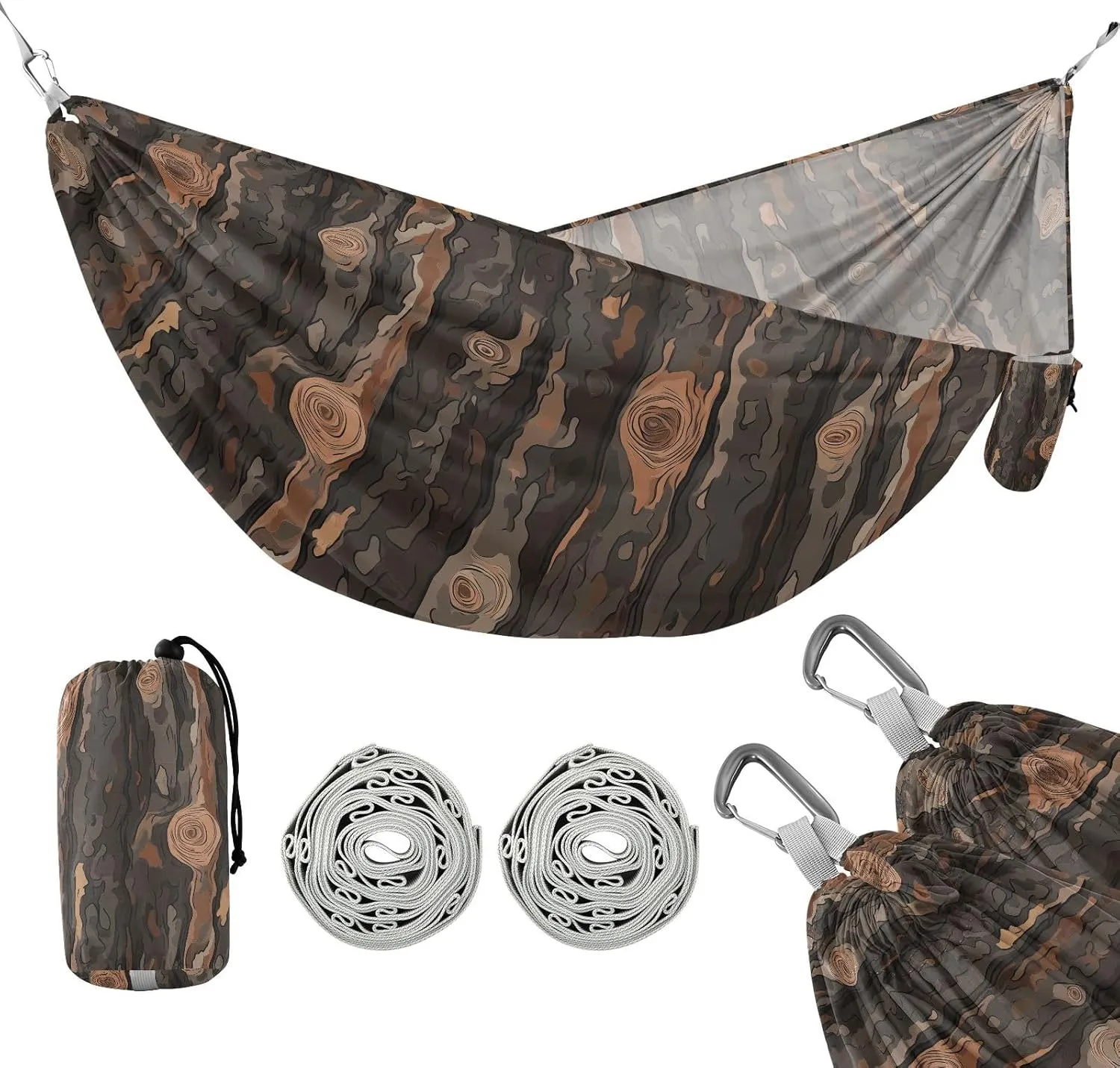 susiyo Portable Camping Hammock Dark Brown Tree Bark Printed Lightweight Hammock Comfortable Travel Swing with Tree Straps for Camping Hiking Backpacking Travel or Beach - Up to 330lbs