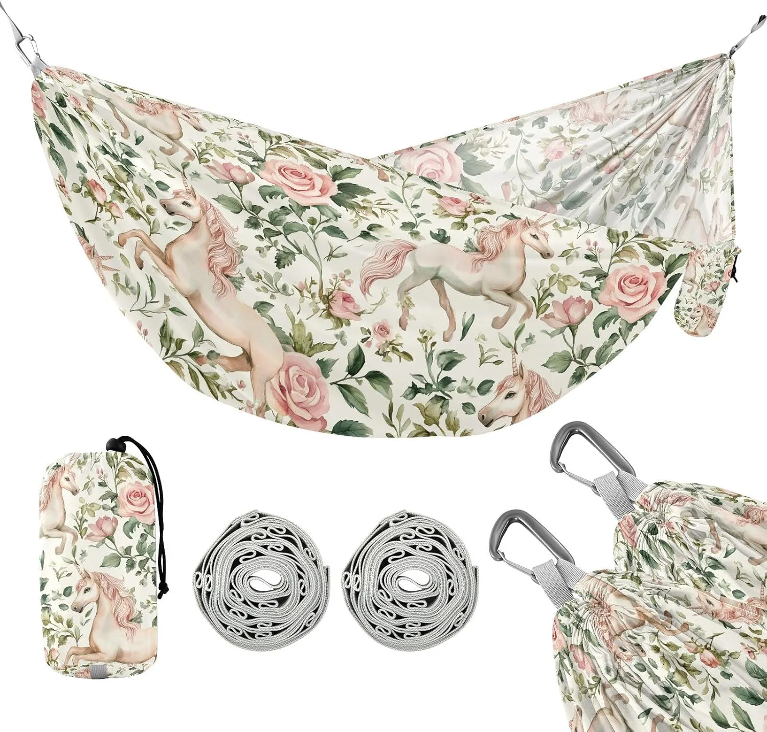 susiyo Portable Camping Hammock Floral Unicorns Printed Lightweight Hammock Comfortable Travel Swing with Tree Straps for Camping Hiking Backpacking Travel or Beach - Up to 330lbs