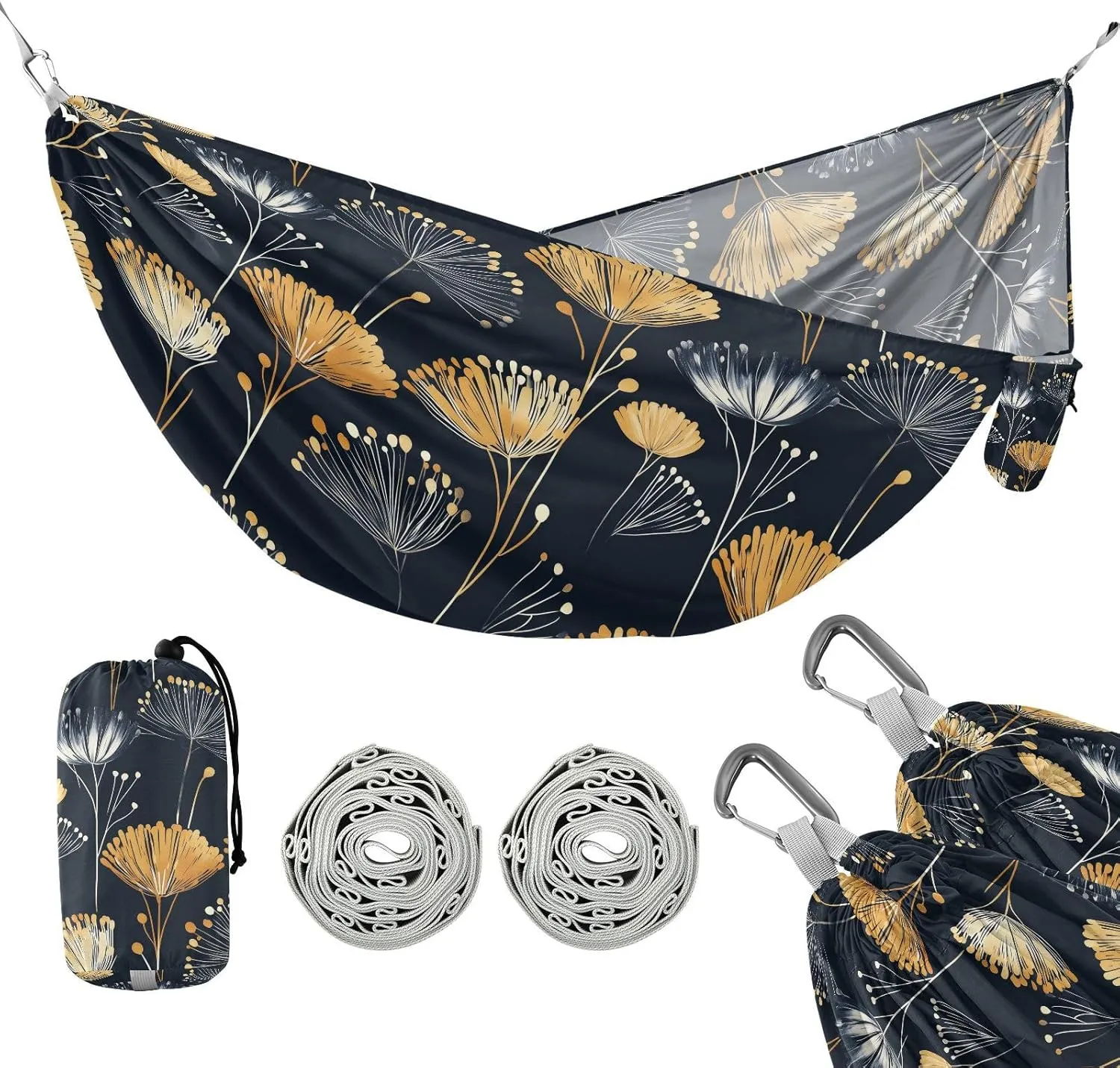 susiyo Portable Camping Hammock Gold Dandelions Printed Lightweight Hammock Comfortable Travel Swing with Tree Straps for Camping Hiking Backpacking Travel or Beach - Up to 330lbs