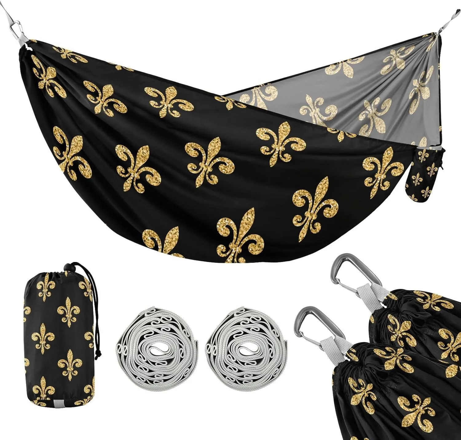susiyo Portable Camping Hammock Gold Glitter Fleur-de-lis Printed Lightweight Hammock Comfortable Travel Swing with Tree Straps for Camping Hiking Backpacking Travel or Beach - Up to 330lbs