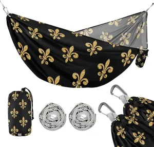 susiyo Portable Camping Hammock Gold Glitter Fleur-de-lis Printed Lightweight Hammock Comfortable Travel Swing with Tree Straps for Camping Hiking Backpacking Travel or Beach - Up to 330lbs