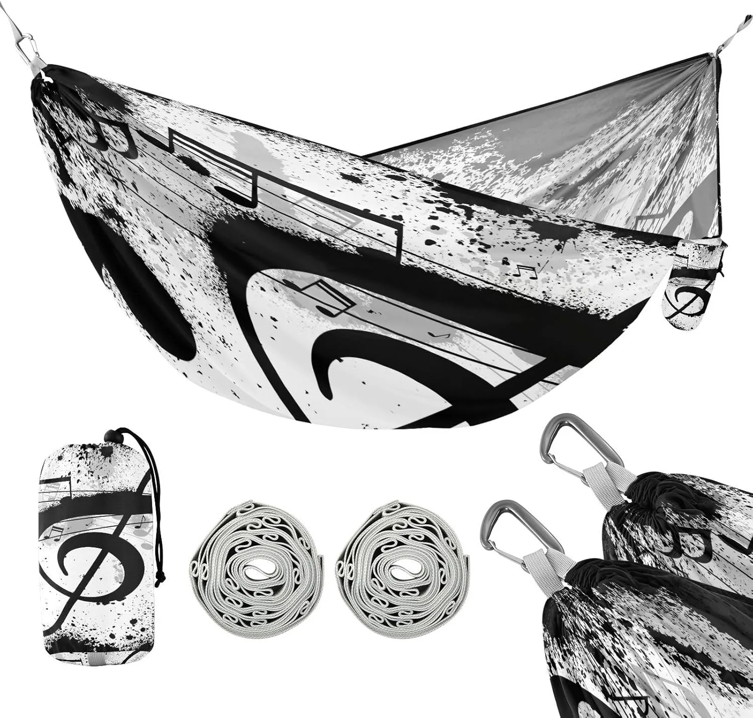 susiyo Portable Camping Hammock Gunge Black Music Notes Printed Lightweight Hammock Comfortable Travel Swing with Tree Straps for Camping Hiking Backpacking Travel or Beach - Up to 330lbs