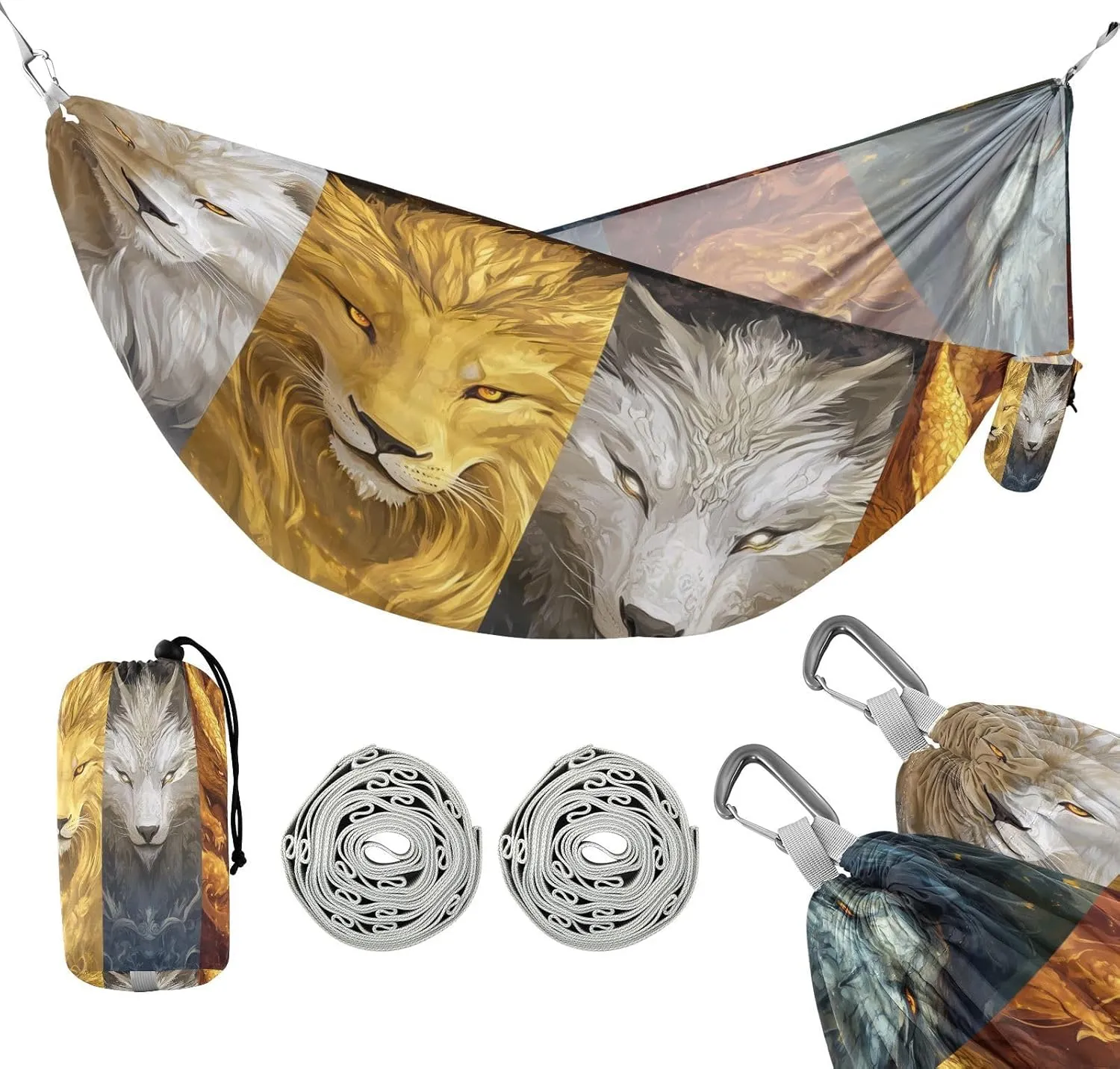susiyo Portable Camping Hammock Mystical Lion Wolf Printed Lightweight Hammock Comfortable Travel Swing with Tree Straps for Camping Hiking Backpacking Travel or Beach - Up to 330lbs