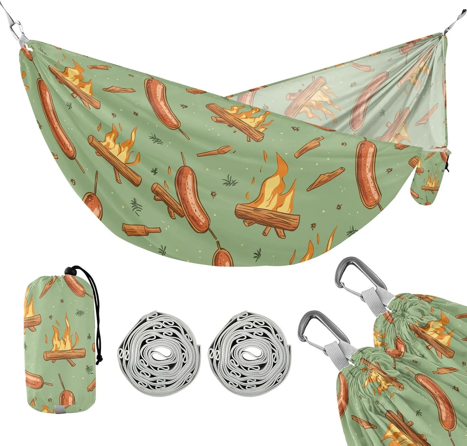 susiyo Portable Camping Hammock Sausages Campfires Printed Lightweight Hammock Comfortable Travel Swing with Tree Straps for Camping Hiking Backpacking Travel or Beach - Up to 330lbs