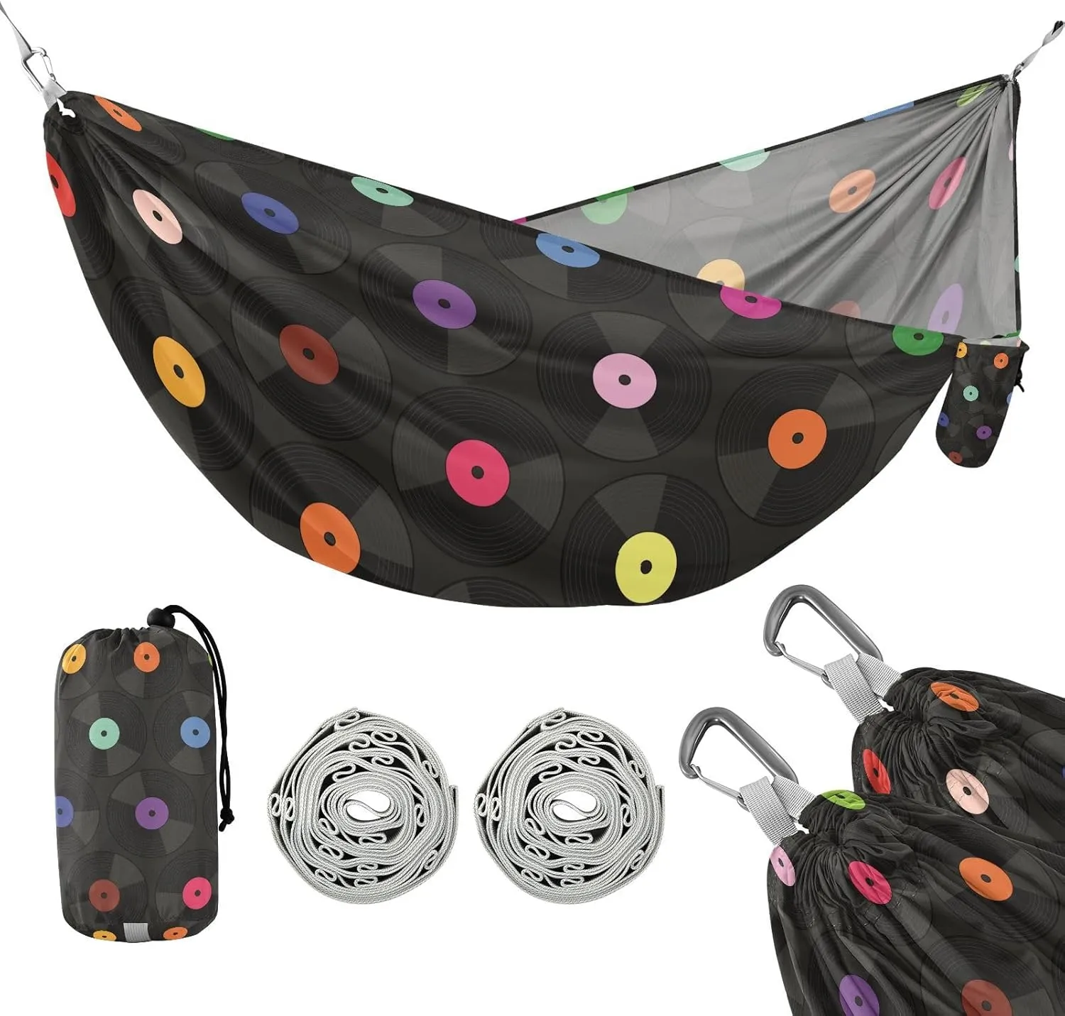 susiyo Portable Camping Hammock Vinyl Record Printed Lightweight Hammock Comfortable Travel Swing with Tree Straps for Camping Hiking Backpacking Travel or Beach - Up to 330lbs