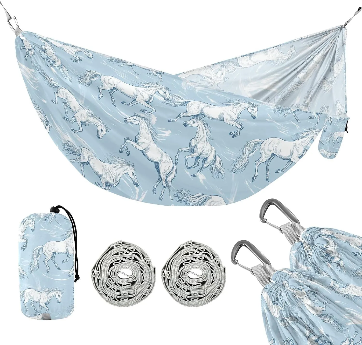 susiyo Portable Camping Hammock White Horses Printed Lightweight Hammock Comfortable Travel Swing with Tree Straps for Camping Hiking Backpacking Travel or Beach - Up to 330lbs