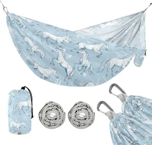 susiyo Portable Camping Hammock White Horses Printed Lightweight Hammock Comfortable Travel Swing with Tree Straps for Camping Hiking Backpacking Travel or Beach - Up to 330lbs